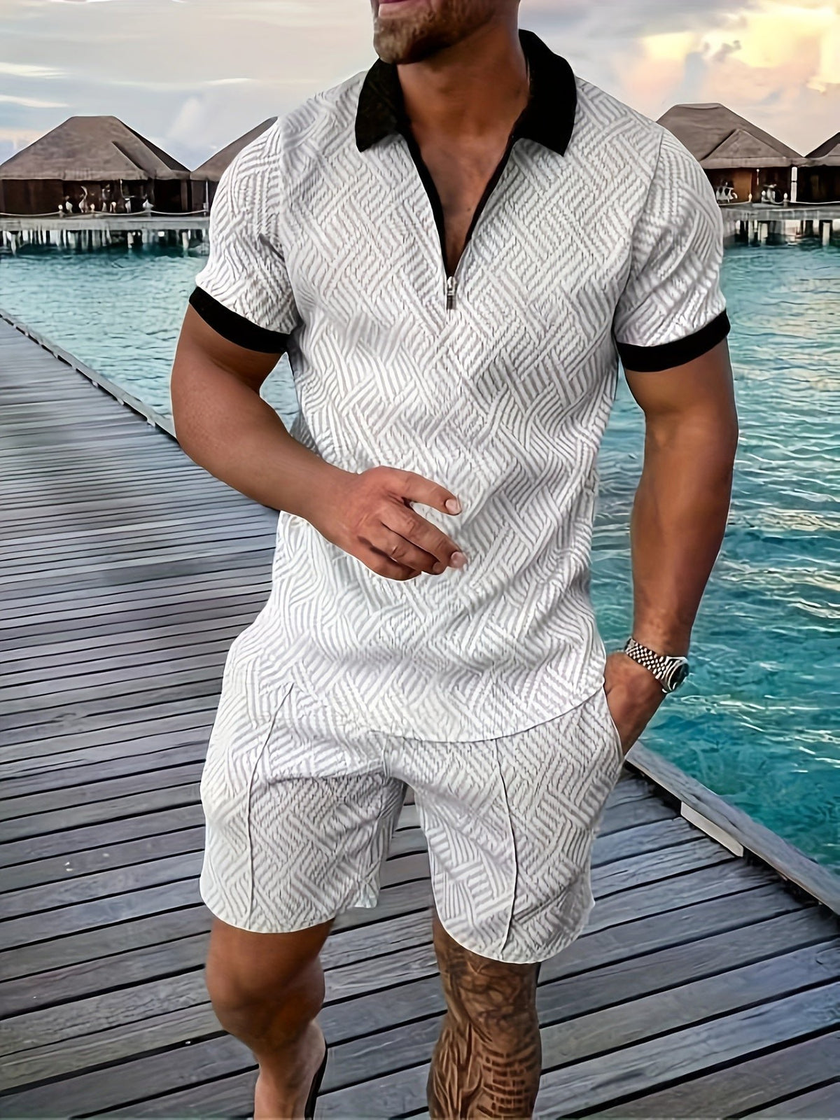 Men's Jacquard Shirt & Shorts Set | Summer Matching Side