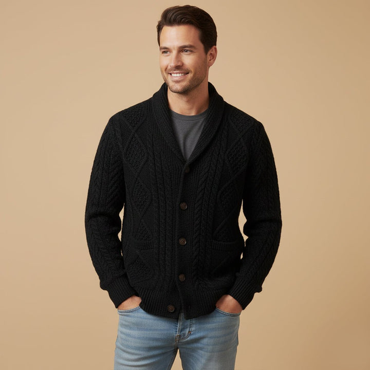 Men's Knit Cardigan Sweater | Shawl Collar Relaxed Fit Angle