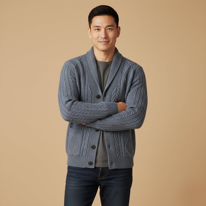 Men's Knit Cardigan Sweater | Shawl Collar Relaxed Fit Front
