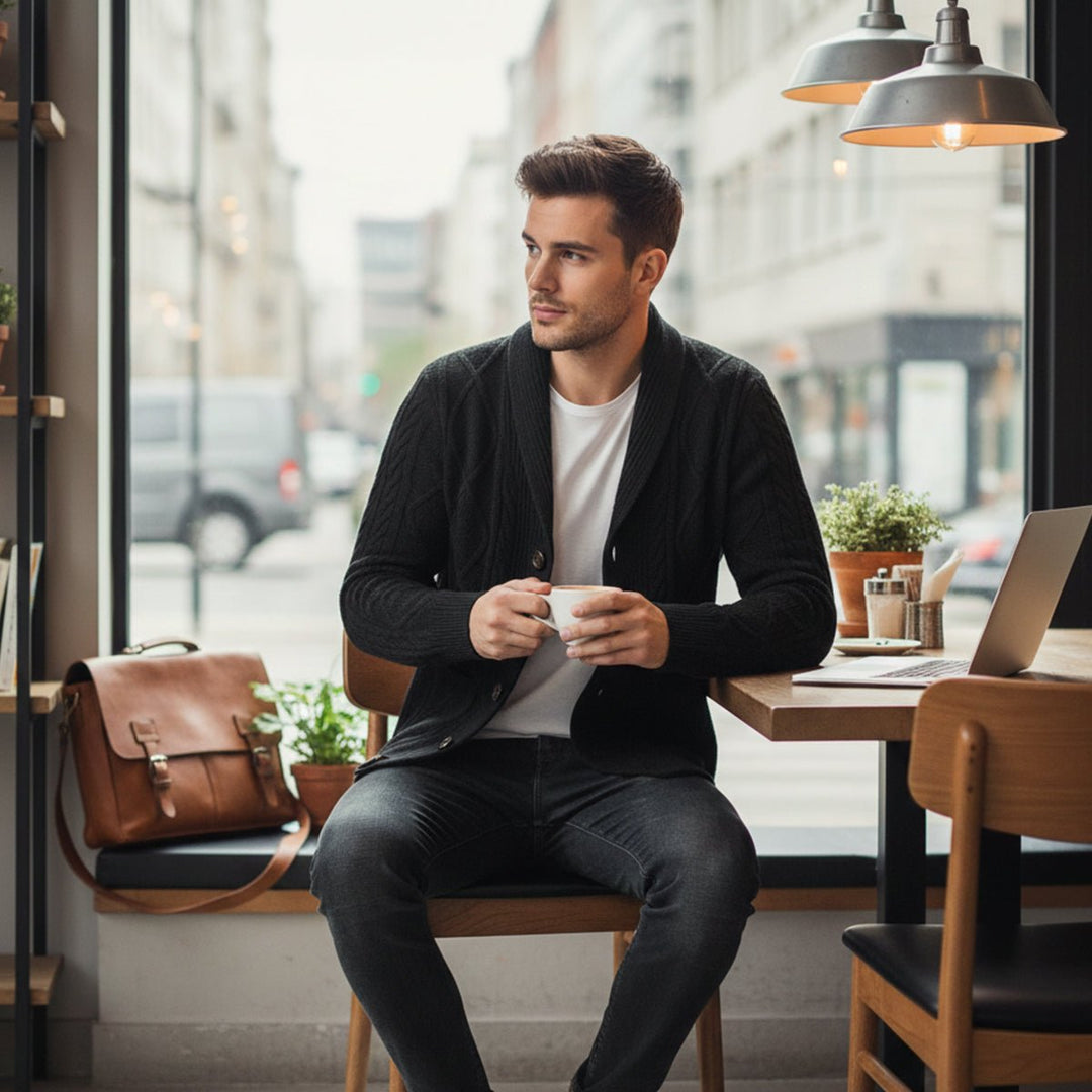 Men's Knit Cardigan Sweater | Shawl Collar Relaxed Fit View 12