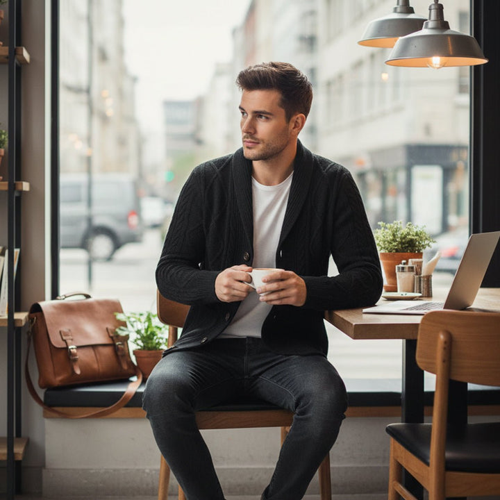 Men's Knit Cardigan Sweater | Shawl Collar Relaxed Fit View 12