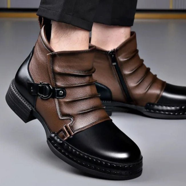 Men's Leather Ankle Boots | Buckle Strap Layered Fold Angle