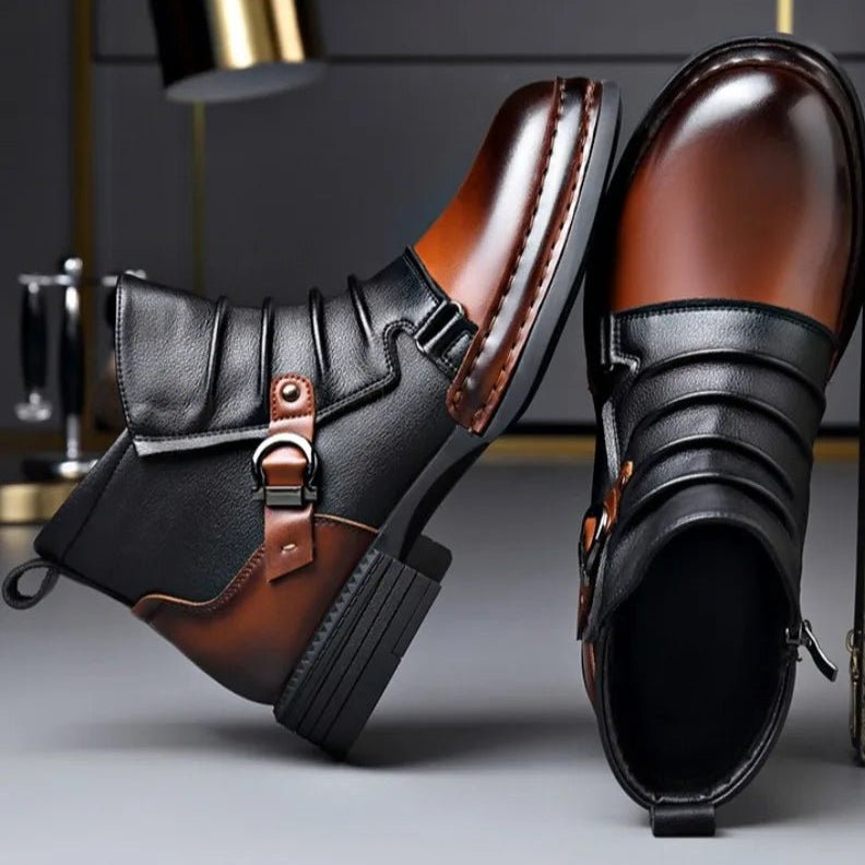 Men's Leather Ankle Boots | Buckle Strap Layered Fold Back