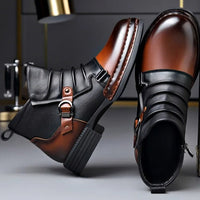Men's Leather Ankle Boots | Buckle Strap Layered Fold Back