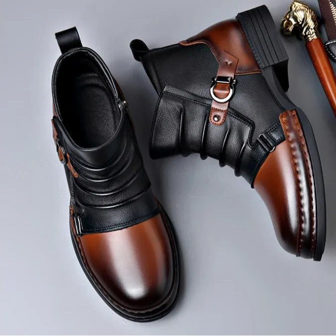 Men's Leather Ankle Boots | Buckle Strap Layered Fold Close Up