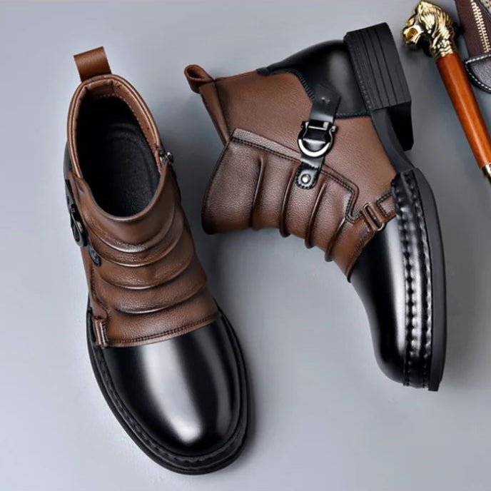 Men's Leather Ankle Boots | Buckle Strap Layered Fold Detail
