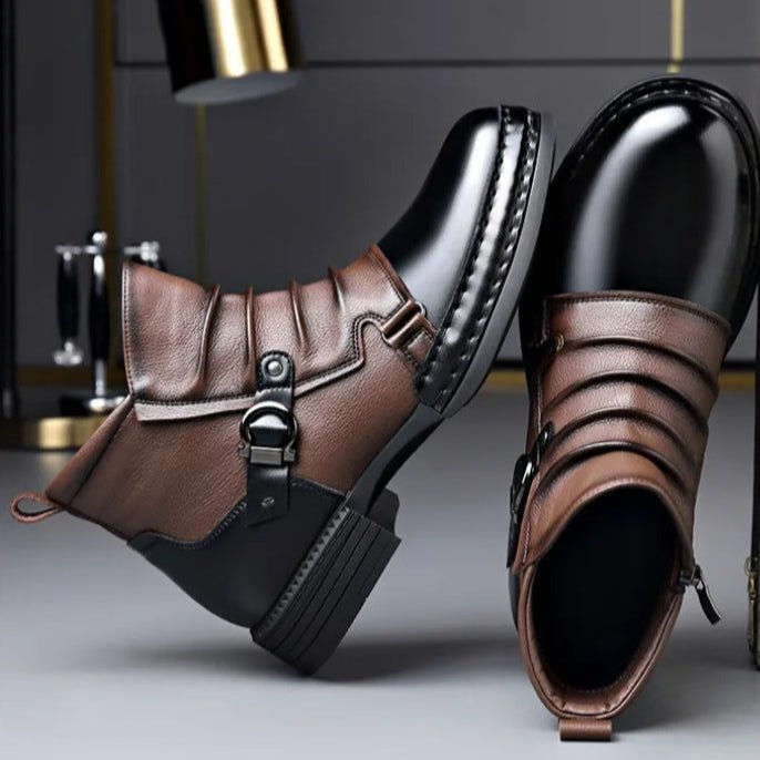 Men's Leather Ankle Boots | Buckle Strap Layered Fold Front