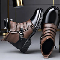 Men's Leather Ankle Boots | Buckle Strap Layered Fold Front