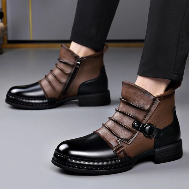 Men's Leather Ankle Boots | Buckle Strap Layered Fold Full