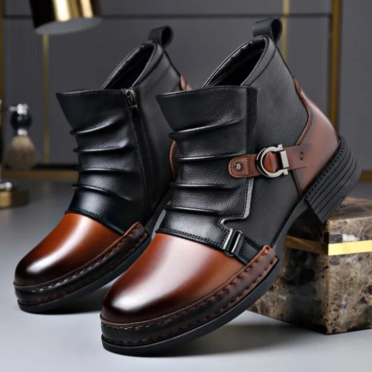 Men's Leather Ankle Boots | Buckle Strap Layered Fold Side
