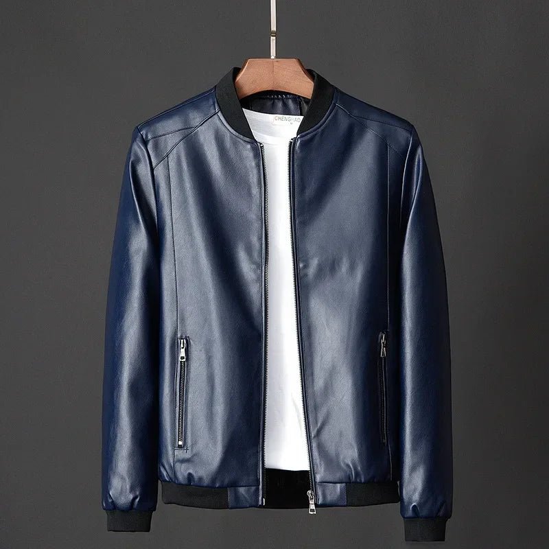 Men's Leather Bomber Jacket | Ribbed Collar Zip Front Front