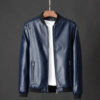 Men's Leather Bomber Jacket | Ribbed Collar Zip Front Front