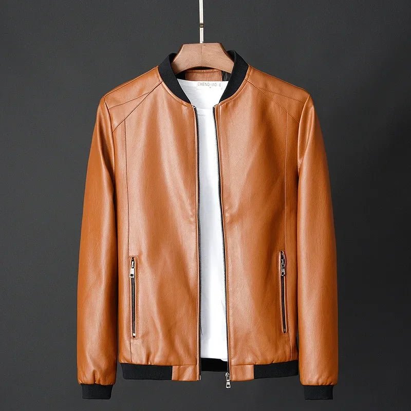 Men's Leather Bomber Jacket | Ribbed Collar Zip Front Hero