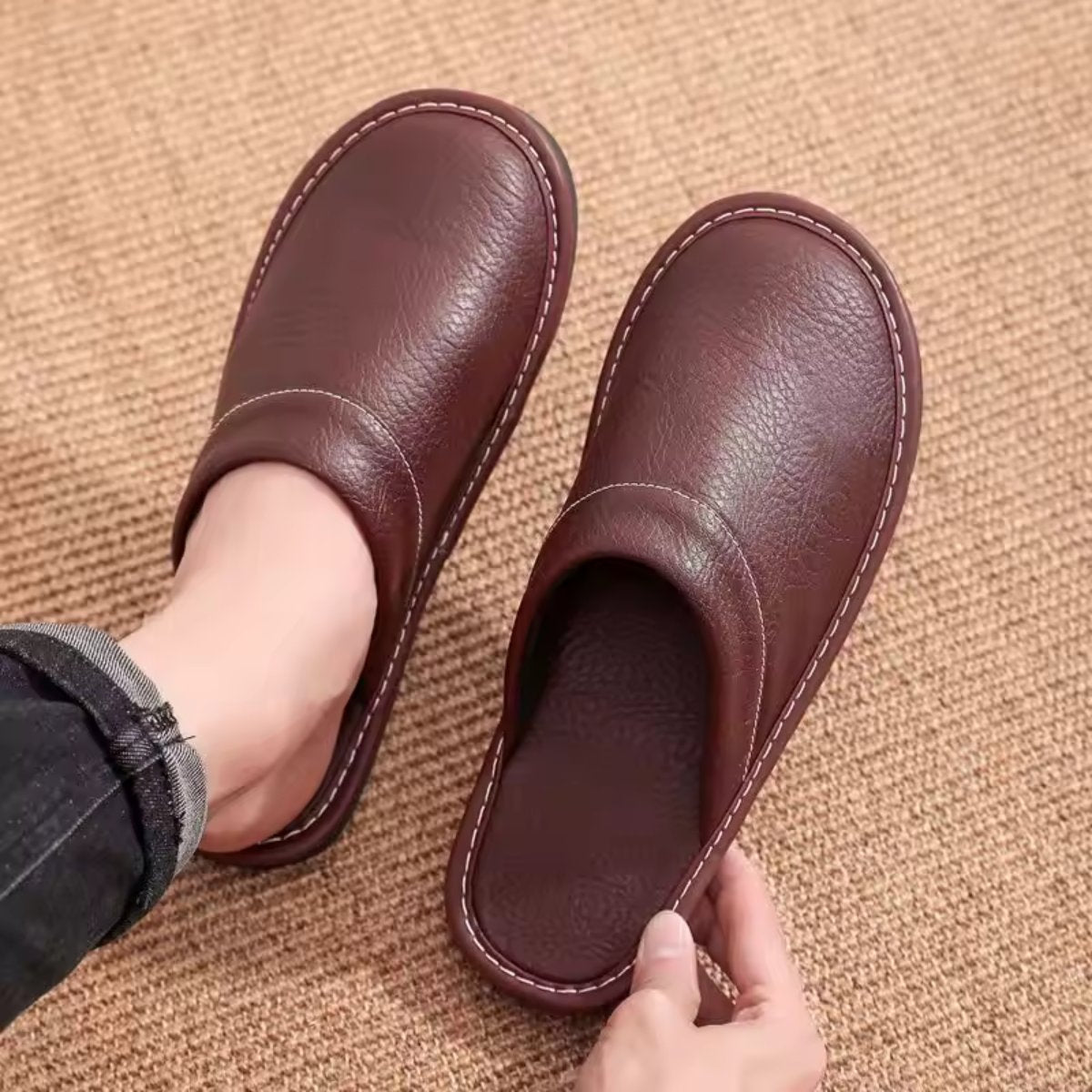 Men's Leather Slip On Clogs | Closed Toe House Shoes Front