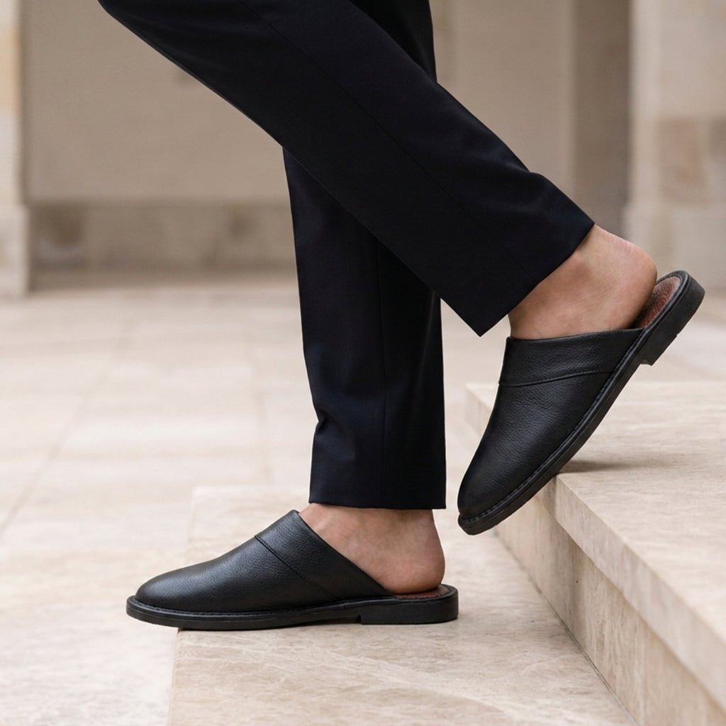 Men's Leather Slip-On Slippers | Open Heel Mule Hero