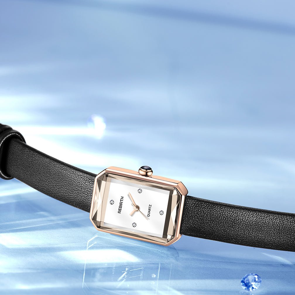Men's Leather Strap Rectangle Watch | Faceted Bezel Close Up
