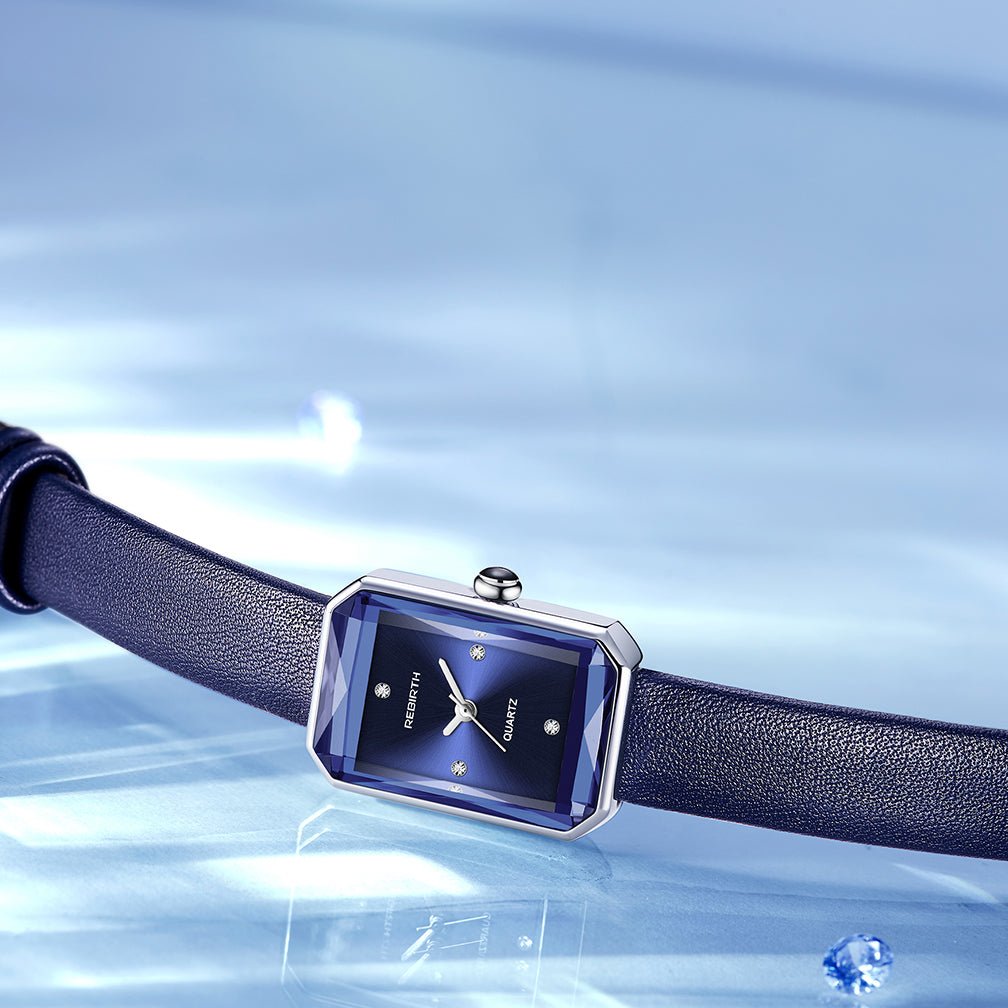 Men's Leather Strap Rectangle Watch | Faceted Bezel View 11