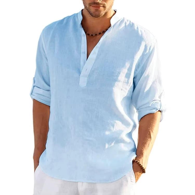 Men's Linen Henley Shirt | Rolled Sleeves Detail