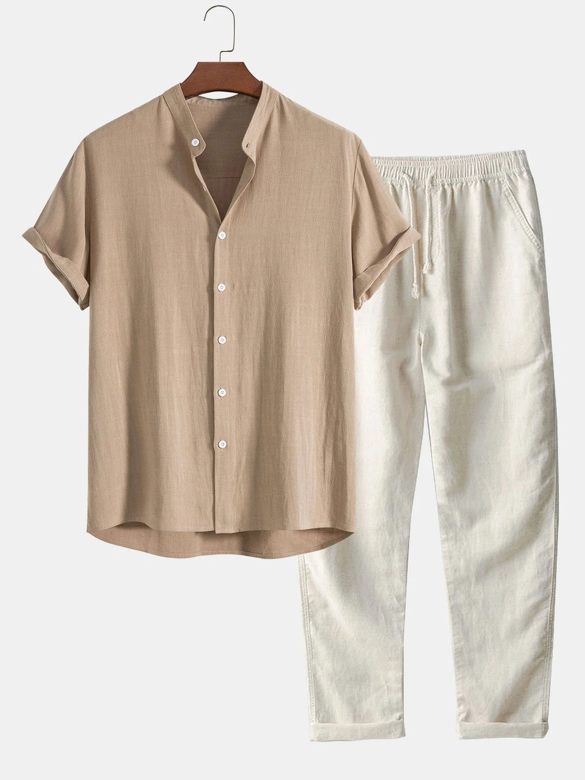 Men's Linen Shirt Pants Set | Rolled Cuffs Detail