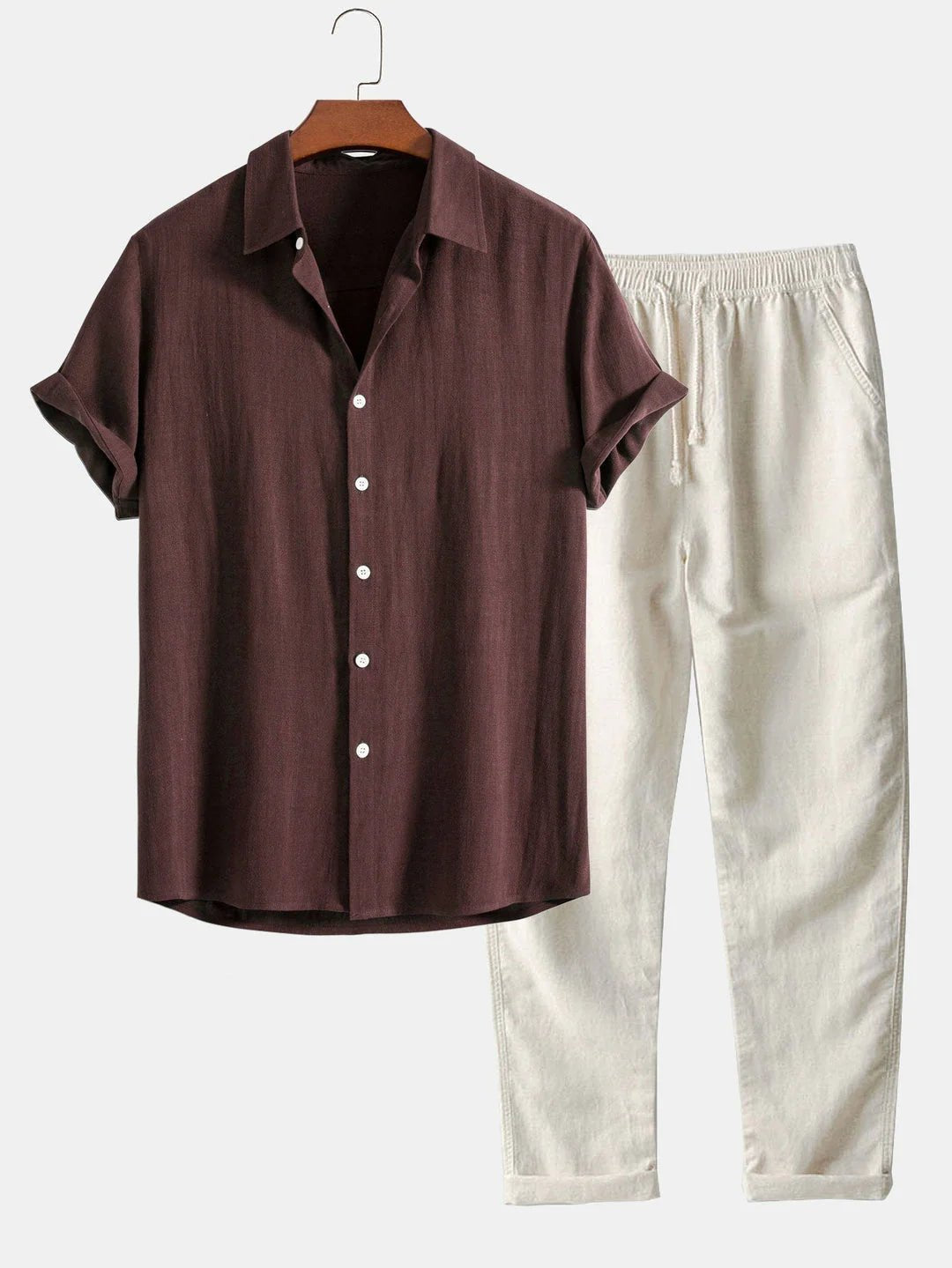 Men's Linen Shirt Pants Set | Rolled Cuffs Front