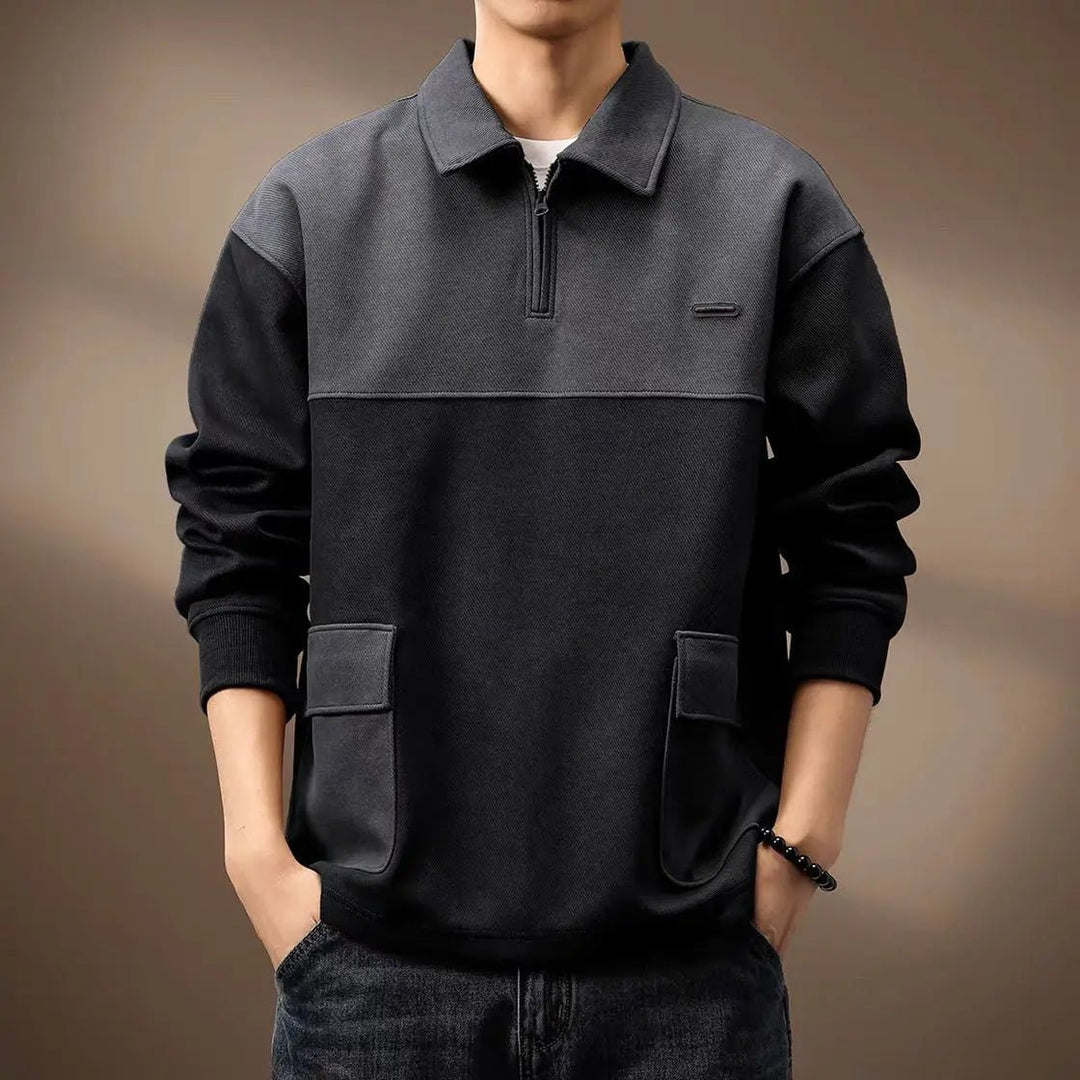 Men's Long Sleeve Polo Shirt | Color Block Quarter-Zip Back