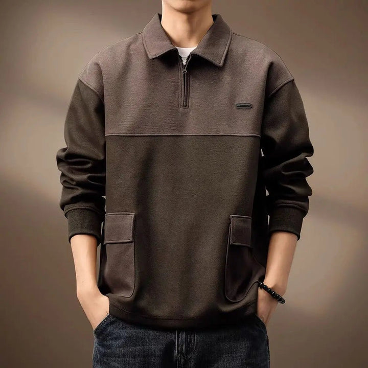 Men's Long Sleeve Polo Shirt | Color Block Quarter-Zip Side