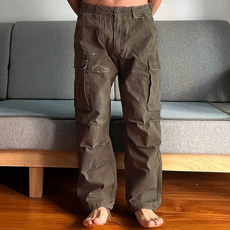 Men's Loose Fit Washed Cargo Pants | Paint Splatter Detail Close Up