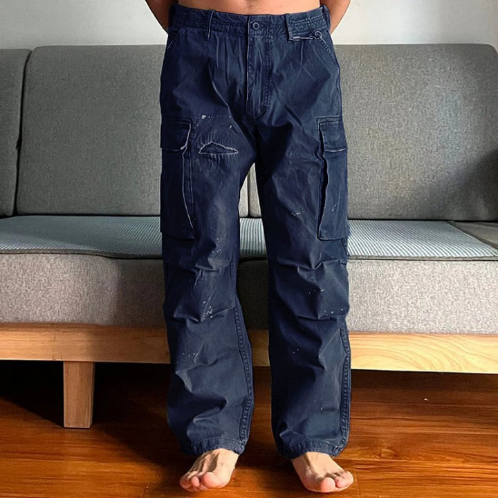 Men's Loose Fit Washed Cargo Pants | Paint Splatter Detail View 11