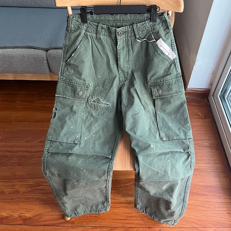 Men's Loose Fit Washed Cargo Pants | Paint Splatter Detail View 12