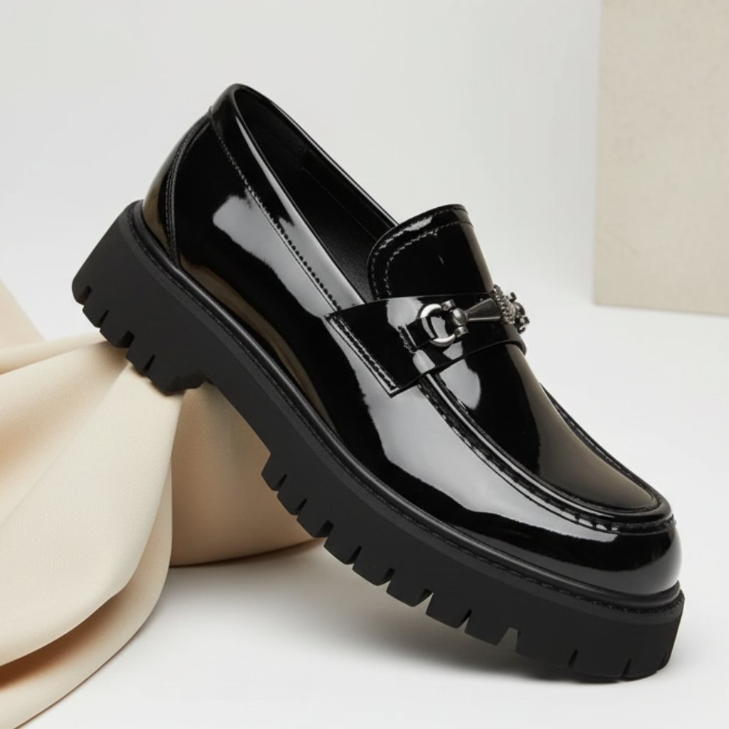 Men's Lug Sole Leather Dress Loafers | Metal Buckle Angle