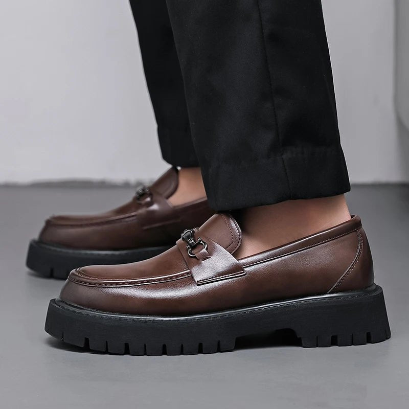 Men's Lug Sole Leather Dress Loafers | Metal Buckle Close Up