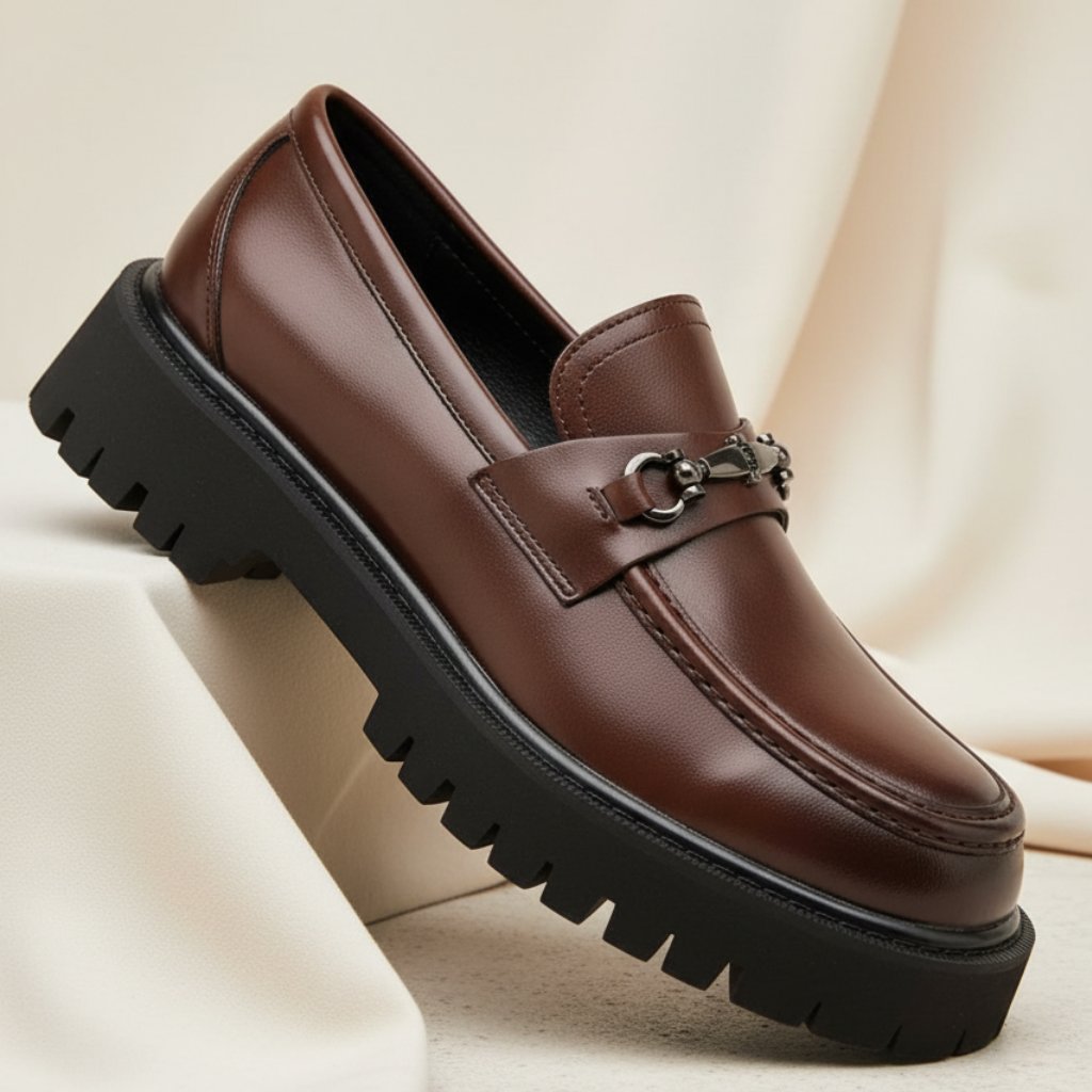 Men's Lug Sole Leather Dress Loafers | Metal Buckle Front