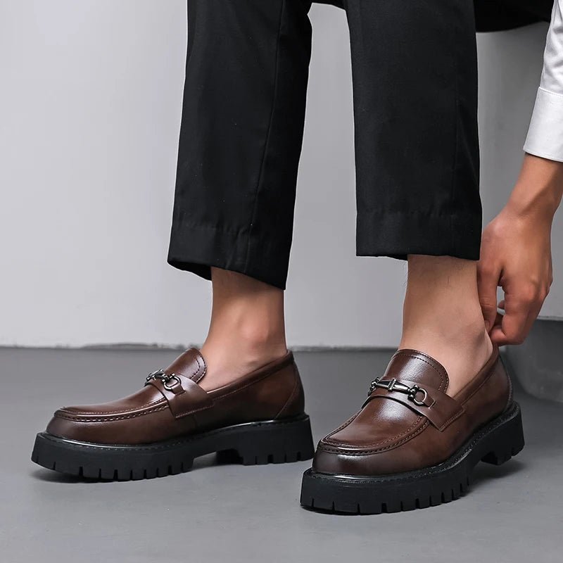 Men's Lug Sole Leather Dress Loafers | Metal Buckle Side