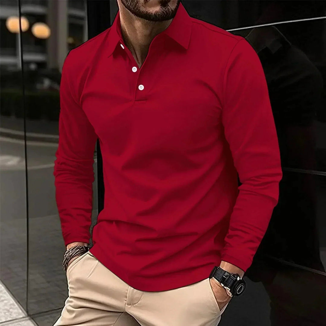 Men's Modern Fit Long Sleeve Polo | Contrast Placket Close Up