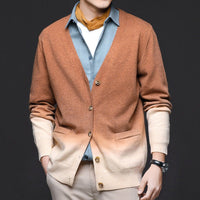 Men's Ombre Cardigan Sweater | Gradient Knit Ribbed Cuffs Angle