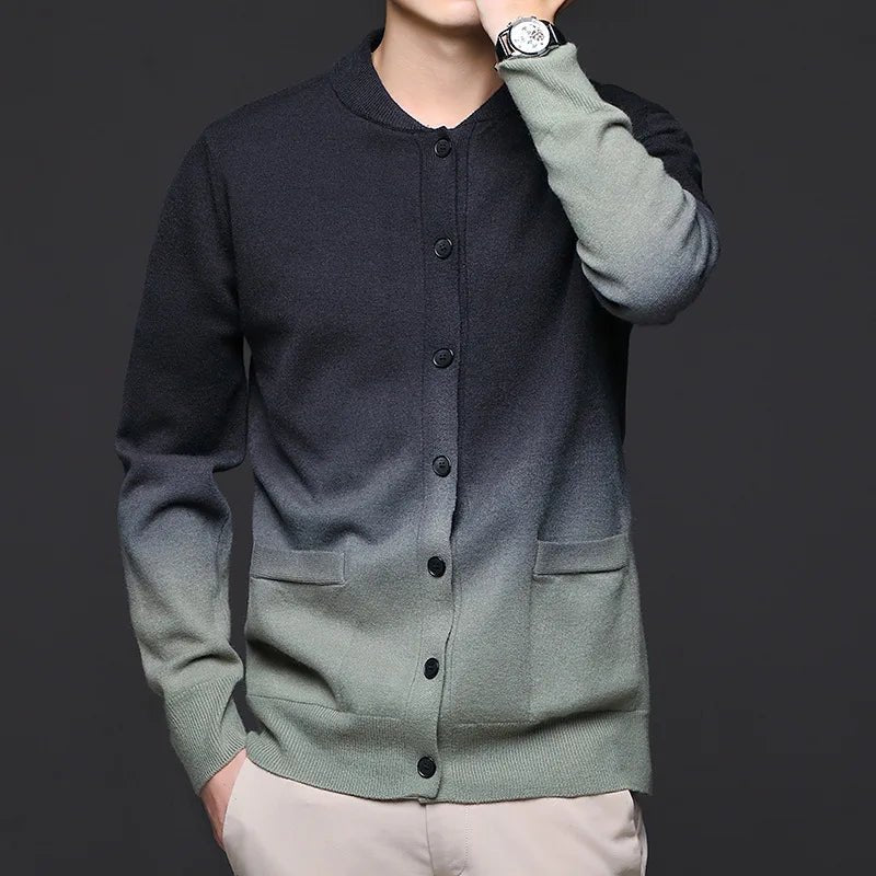 Men's Ombre Cardigan Sweater | Gradient Knit Ribbed Cuffs Side