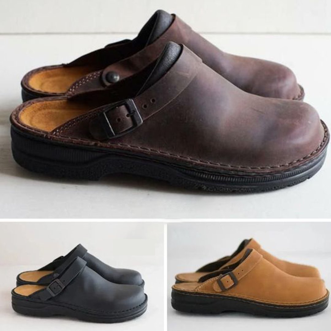 Men's Orthopedic Leather Clogs Shoes Close Up