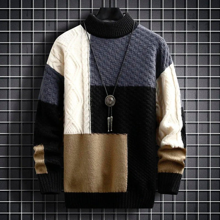 Men's Patchwork Wool Blend Knit Sweater | O-Neck Front