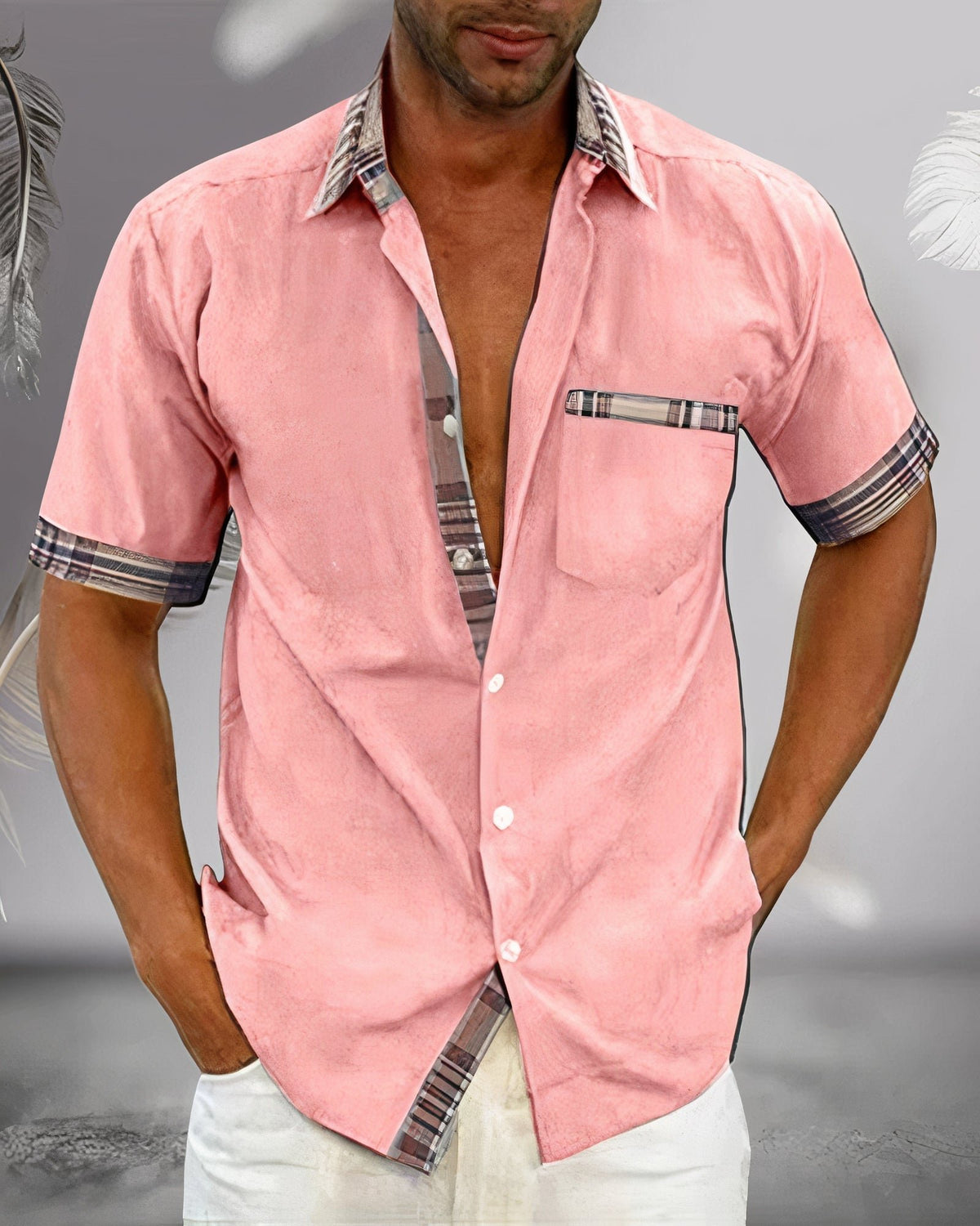 Men's Plaid Accent Button-Down Shirt | Hidden Contrast Trim Detail
