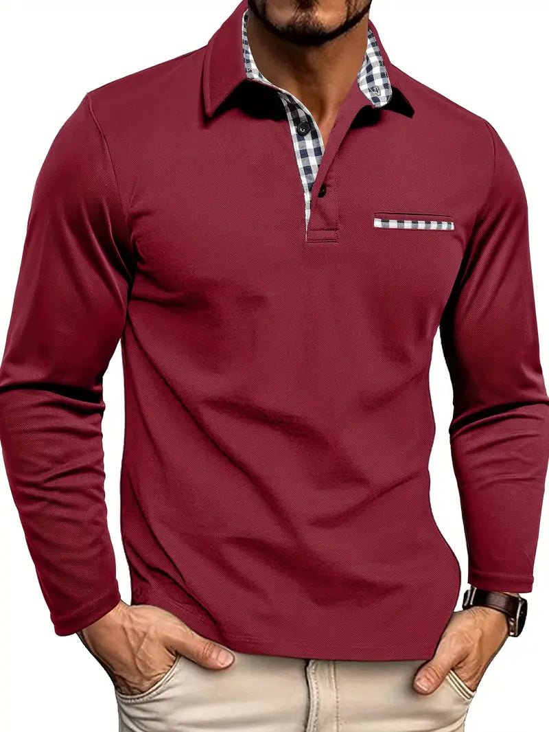Men's Plaid Collar Long Sleeve Polo Top Back