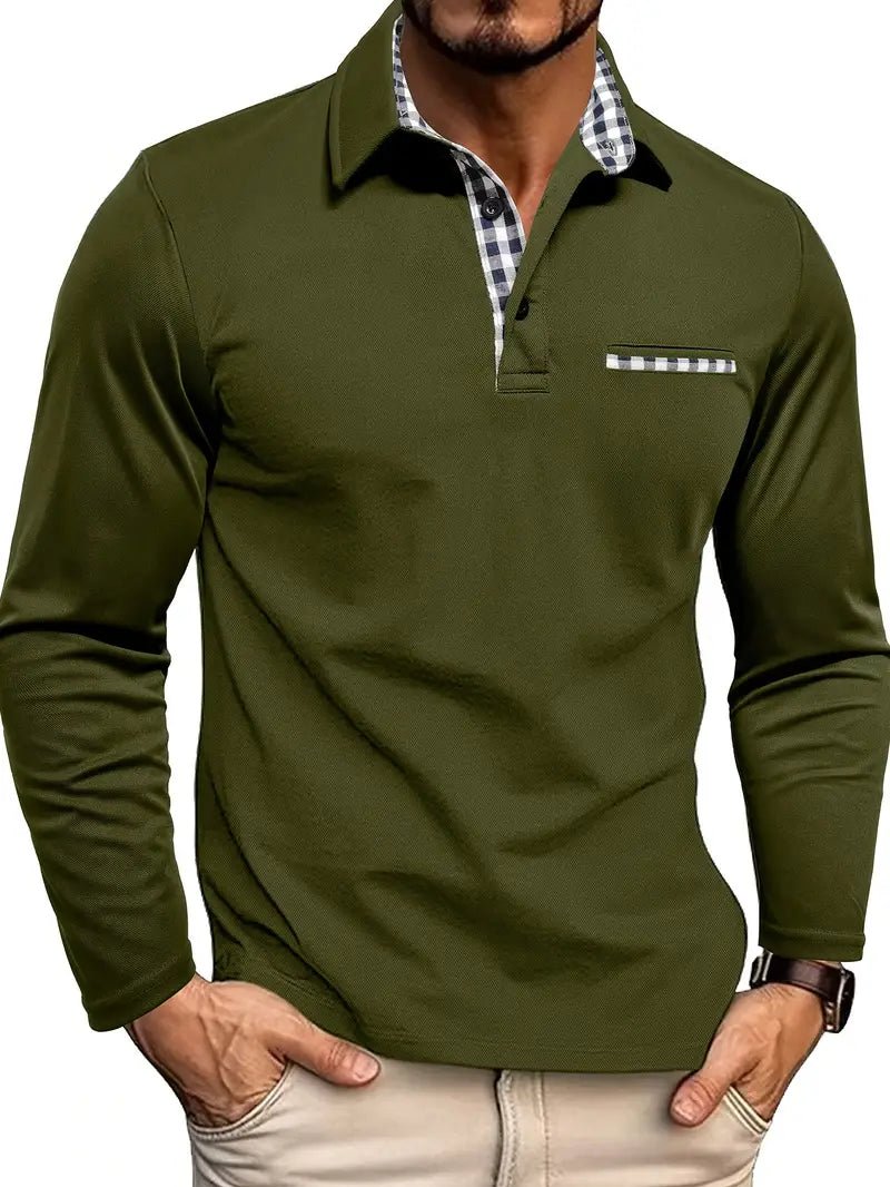 Men's Plaid Collar Long Sleeve Polo Top Close Up
