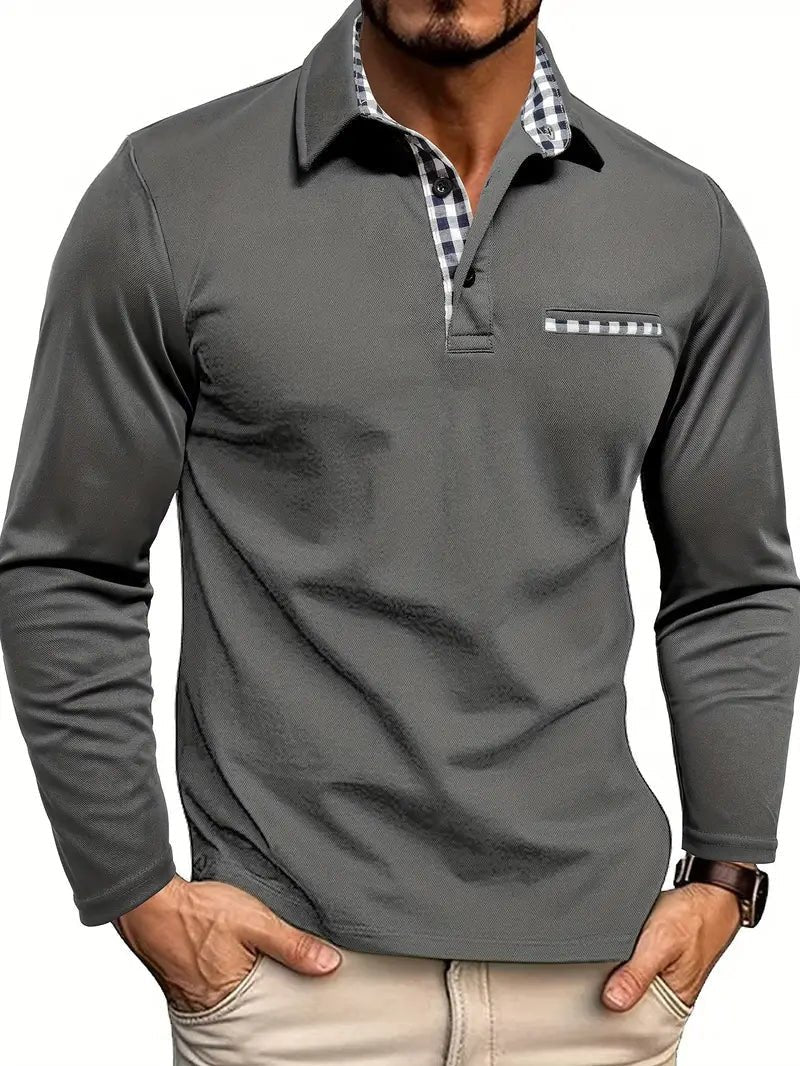 Men's Plaid Collar Long Sleeve Polo Top Side