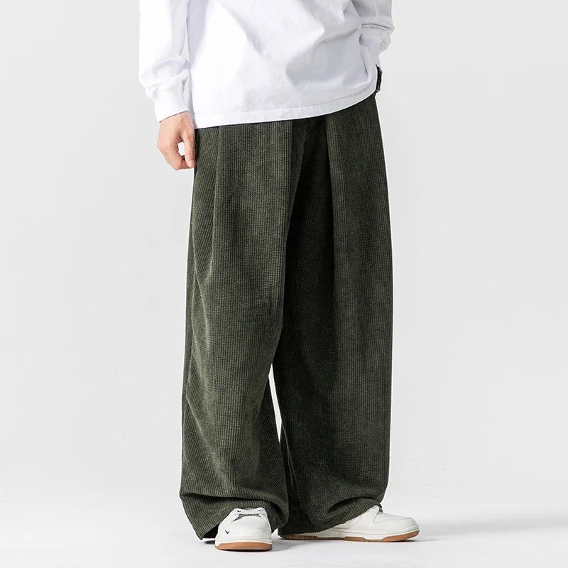 Men's Pleated Corduroy Pants | Wide Leg Cotton Streetwear Detail