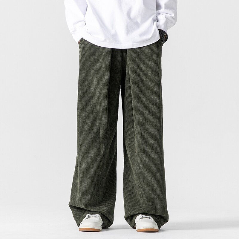 Men's Pleated Corduroy Pants | Wide Leg Cotton Streetwear Side