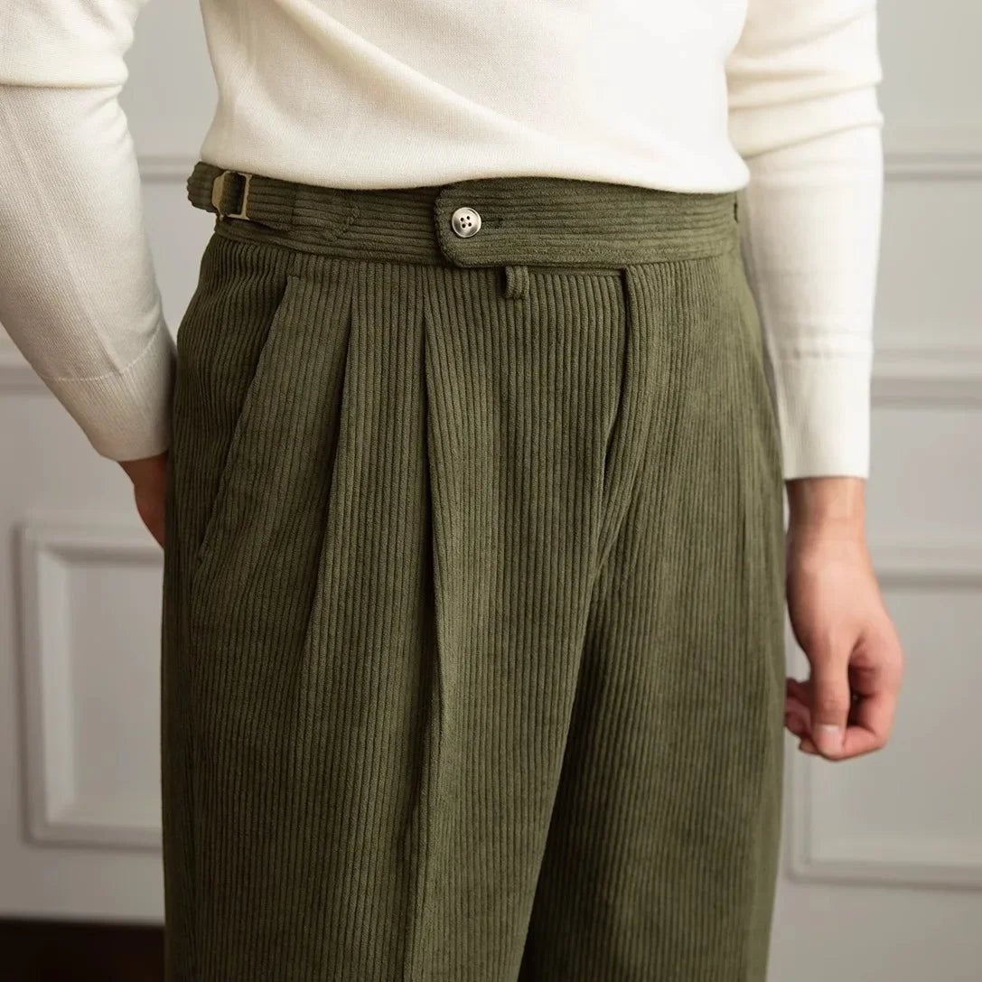 Men's Pleated Corduroy Trousers | High-Waist Tailored Fit Front