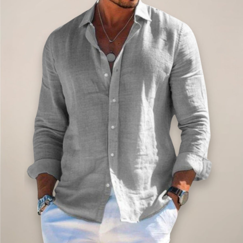 Men's Relaxed Linen Button Shirt Top Front