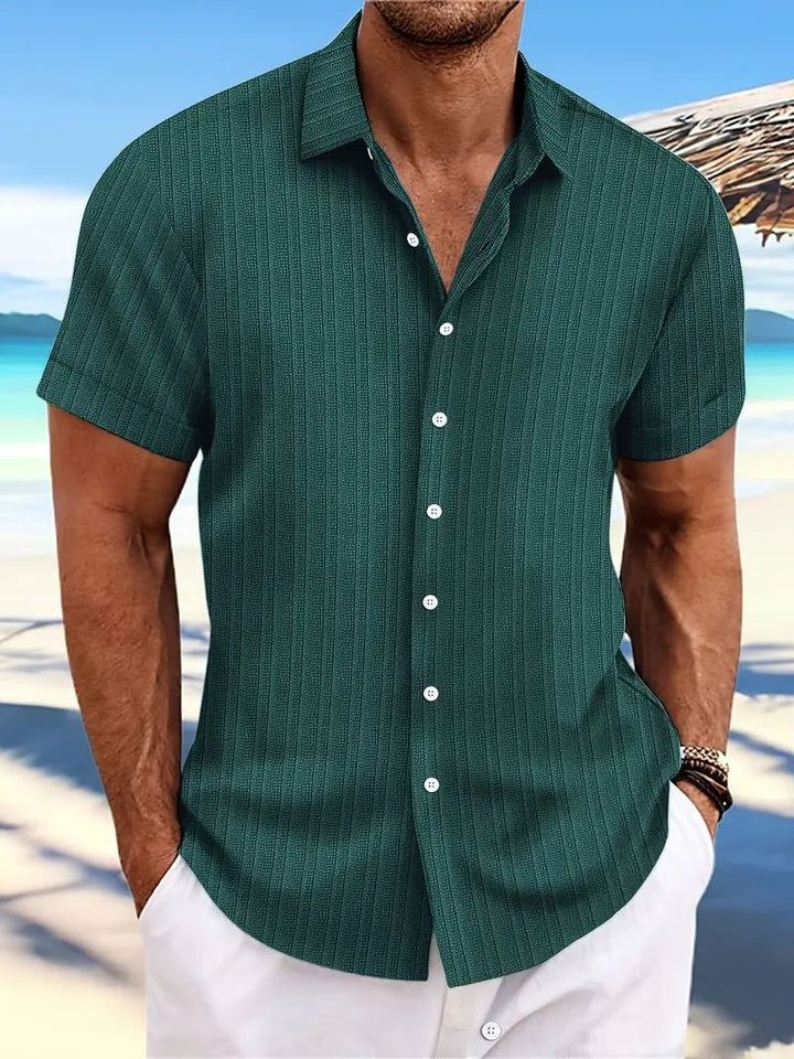 Men's Ribbed Button-Down Shirt | Notched Collar Summer Close Up