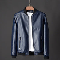 Men's Ribbed Collar PU Leather Jacket | Stand Zip Detail