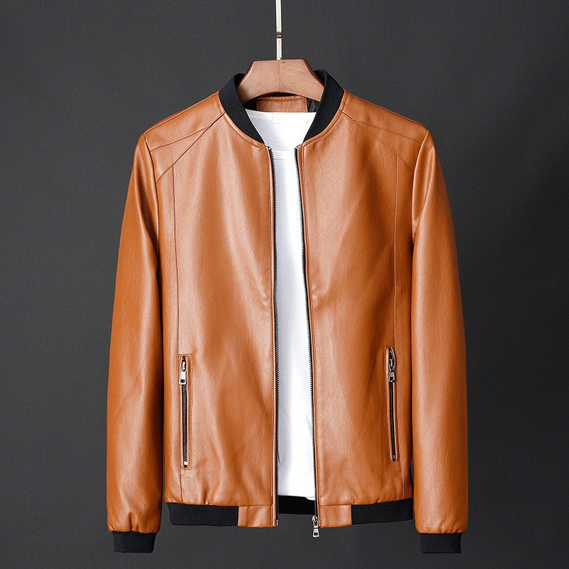Men's Ribbed Collar PU Leather Jacket | Stand Zip Front