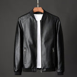 Men's Ribbed Collar PU Leather Jacket | Stand Zip